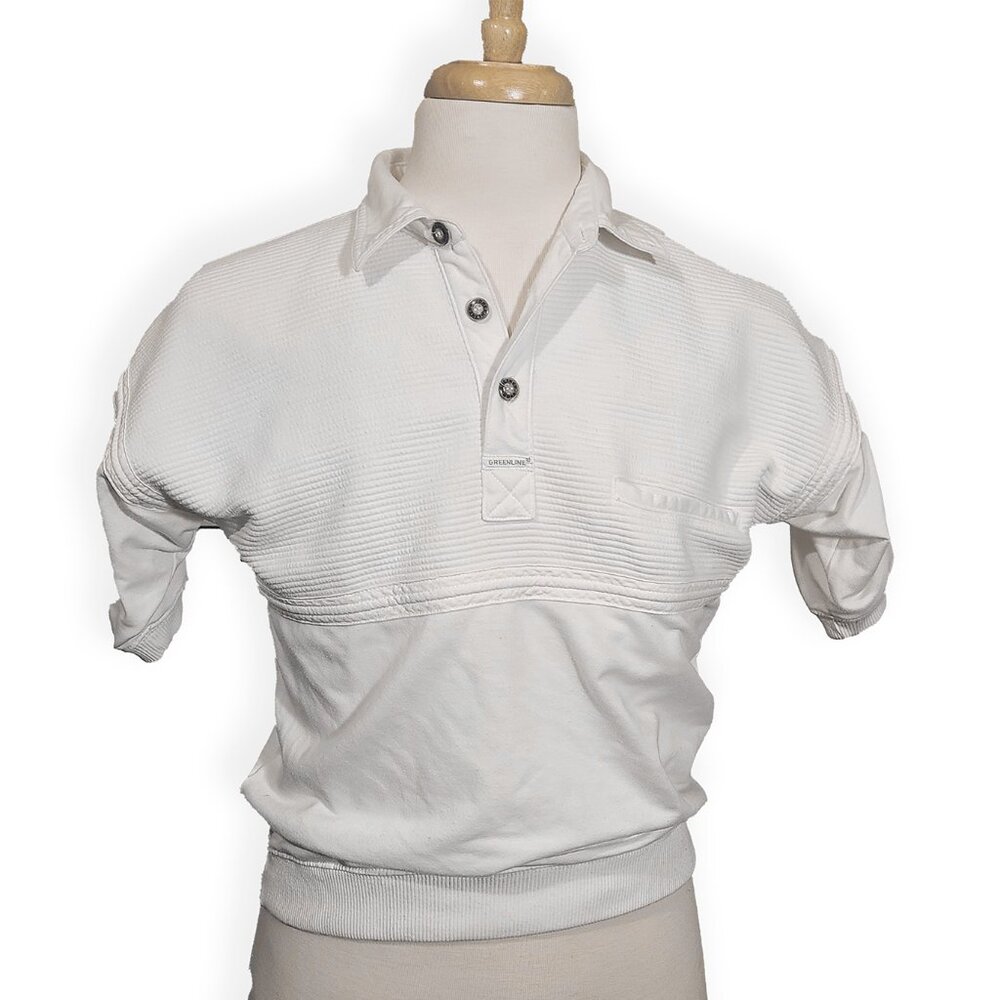 Men's Medium 80s Vintage Cropped Greenline Polo Shirt Textured White